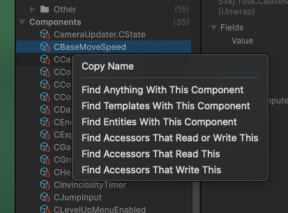 Row context menu opened on a component, showing the scoped Find variants