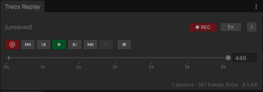 The Trecs Player window mid-recording with markers visible on the timeline
